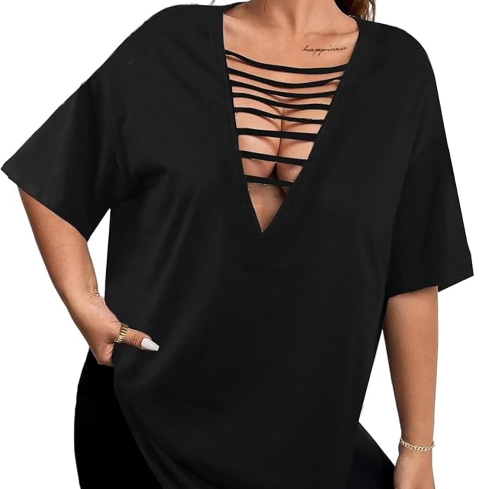 Black Strappy V-Neck Women's Top